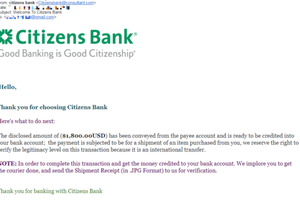 Email mạo danh Citizens Bank yêu cầu chị Mỹ gửi hóa đơn chứng minh đã chuyển hàng để nhận tiền.