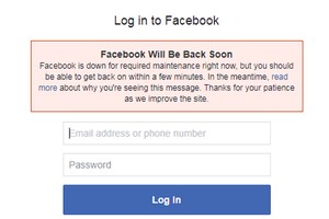 Thông báo bảo trì trên trang đăng nhập Facebook.