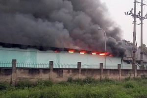 Lửa cùng khói bốc lên trong vụ cháy nhà kho công ty dược. Ảnh: CTV.