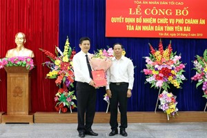 Phó Chánh án Tòa án nhân dân tối cao Nguyễn Trí Tuệ trao quyết định và chúc mừng đồng chí Lê Thái Hưng.