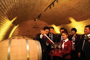 Chủ tịch Ladofoods trực tiếp khui vang từ thùng gỗ sồi trong hầm ủ vang mời Thứ truởng Bộ Công thương và các lãnh đạo tỉnh Lâm Đồng.