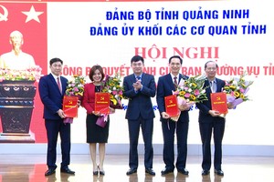 Phó Bí thư Thường trực Tỉnh ủy Quảng Ninh Ngô Hoàng Ngân trao quyết định và chúc mừng các đồng chí được điều động, bổ nhiệm.