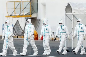 Nhân viên y tế làm nhiệm vụ gần tàu Diamond Princess tại khu vực cảng Yokohama, Nhật Bản ngày 10/2/2020. (Ảnh: ANI/TTXVN).