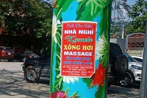 Người dân bức xúc khi thấy nhiều tờ quảng cáo nhà nghỉ, karaoke, massage... dán lên hàng chục chiếc cột điện dọc các tuyến phố.