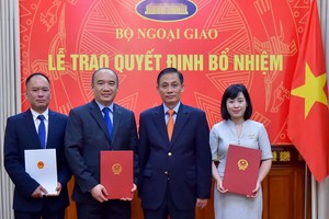 Thứ trưởng Lê Hoài Trung trao quyết định cho các cán bộ.