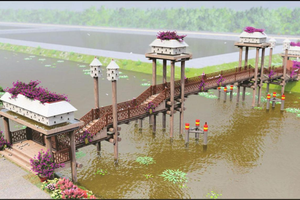 Công trình cầu kiều với chất liệu chủ yếu là gỗ bắc qua kênh tại cổng vào chính của khuôn viên tràm.