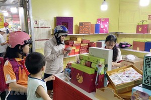 Người dân chọn mua các sản phẩm bánh Trung thu. (Ảnh: Phạm Kiên/TTXVN).