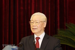 Tổng Bí thư, Chủ tịch nước Nguyễn Phú Trọng phát biểu bế mạc Hội nghị. (Ảnh: Trí Dũng/TTXVN).