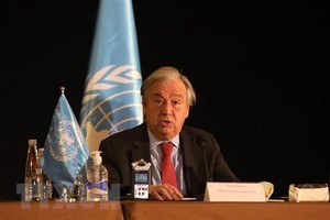 Tổng Thư ký Liên hợp quốc Antonio Guterres phát biểu trong cuộc họp báo tại Beirut, Liban, ngày 21/12/2021. (Ảnh: THX/TTXVN).