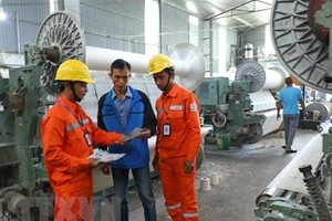 Công nhân Tổng Công ty Điện lực Hà Nội tuyên truyền tiết kiệm điện, sử dụng điện an toàn và hiệu quả cho các hộ sản xuất trên địa bàn huyện Thanh Oai. (Ảnh: Ngọc Hà/TTXVN).