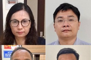 Từ trên xuống dưới, từ trái sang, các bị can: Nguyễn Mai Anh, Ngô Quang Tuấn, Trần Văn Dự, Vũ Sỹ Cường. (Nguồn: nld.com.vn).