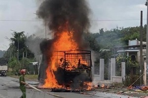 Lực lượng chức năng huyện Tân Phú (Đồng Nai) nỗ lực dập lửa. (Ảnh: TTXVN phát)