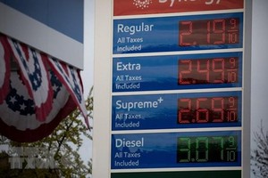 Giá xăng dầu được niêm yết tại trạm xăng ở New York, Mỹ. (Ảnh: THX/TTXVN).