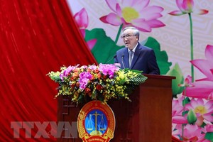 Ông Nguyễn Hòa Bình, Ủy viên Bộ Chính trị, Bí thư Trung ương Đảng, Chánh án Tòa án nhân dân Tối cao phát biểu. (Ảnh: Phạm Kiên/TTXVN)