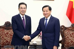 Phó Thủ tướng Chính phủ Lê Minh Khái tiếp Chủ tịch Liên đoàn Hợp tác xã Nông nghiệp quốc gia Hàn Quốc Lee Sung-hee. (Ảnh: Phạm Kiên/TTXVN)