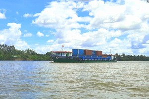 Một sà lan vận chuyển container trên sông Tiền.