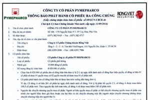 PYMEPHARCO thông báo phát hành cổ phiếu ra công chúng