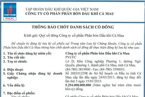 Đạm Cà Mau thông báo chốt danh sách cổ đông để lưu ký chứng khoán