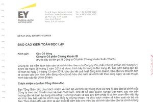 CTCK IB - IBSC (VIX) công bố ý kiến của công ty kiểm toán về Báo cáo tài chính năm 2014