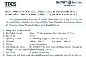 SBT thông báo niêm yết bổ sung cổ phiếu tại HOSE