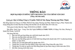 Công ty Phúc Thịnh mời họp ĐHCĐ và công bố báo cáo kiểm toán