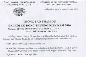 IDI thông báo mời họp Đại hội đồng cổ đông thường niên 2016