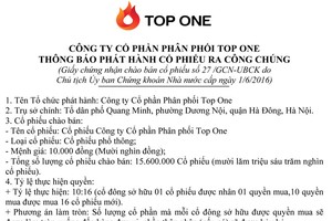 TOP ONE thông báo phát hành cổ phiếu ra công chúng