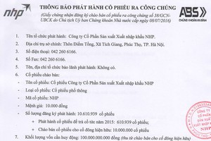 CTCP Sản xuất xuất nhập khẩu NHP thông báo phát hành cổ phiếu ra công chúng