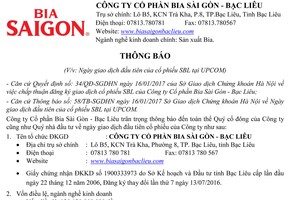 Thông báo ngày giao dịch đầu tiên của cổ phiếu Bia Sài Gòn - Bạc Liêu (SBL) tại UPCoM