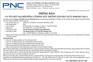 Công ty cổ phần Văn hóa Phương Nam thông báo tổ chức ĐHCĐ bất thường 2017