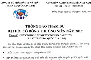 IDI thông báo tham dự đại hội đồng cổ đông thường niên 2017