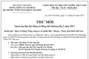 Sabeco thông báo mời họp đại hội đồng cổ đông bất thường lần 2 năm 2017