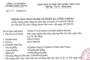 Công ty cổ phần Cơ điện miền Trung thông báo phát hành cổ phiếu ra công chúng