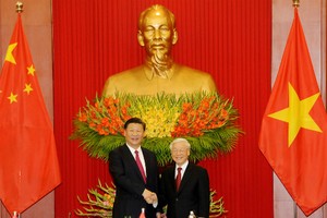 Tổng bí thư Nguyễn Phú Trọng và Tổng bí thư, Chủ tịch Trung Quốc Tập Cận Bình tại cuộc hội đàm. Ảnh:VGP.