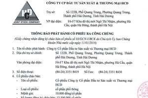 HCD thông báo phát hành cổ phiếu ra công chúng