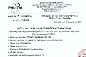 Công ty cổ phần Phú Tài thông báo phát hành cổ phần ra công chúng