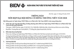 BIDV thông báo mời họp đại hội đồng cổ đông thường niên năm 2018