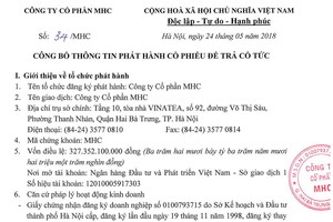 Công ty cổ phần MHC công bố thông tin phát hành cổ phiếu để trả cổ tức