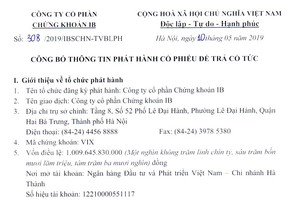 Công ty Chứng khoán IB thông báo phát hành cổ phiếu trả cổ tức