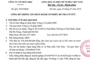 Công ty cổ phần MHC công bố thông tin phát hành cổ phiếu để trả cổ tức