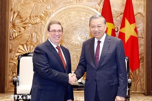 Tổng Bí thư Tô Lâm tiếp thân mật đồng chí Bruno Rodríguez Parrilla, Đặc phái viên Đảng Cộng sản Cuba, Nhà nước Cộng hòa Cuba, Ủy viên Bộ Chính trị, Bộ trưởng Ngoại giao Cuba. (Ảnh: TTXVN)