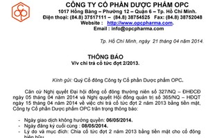 OPC thông báo tổ chức ĐHĐCĐ thường niên 2014