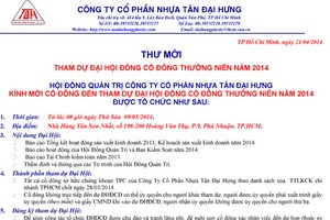 TPC: Thư mời tham dự ĐHĐCĐ thường niên 2014