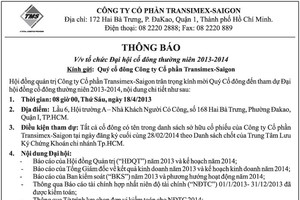 TMS thông báo tổ chức Đại hội cổ đông thường niên 2014