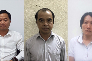 Các bị can Dương Văn Hòa, Trần Ngọc Quang, Phạm Vân Thùy (từ trái qua). (Ảnh: Công an cung cấp). 