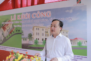 Ông Tô Huy Vũ. Chủ tịch HĐTV Agribank phát biểu tại buổi lễ khởi công xây dựng Trạm Y tế xã Thụy Hùng, tỉnh Lạng Sơn