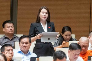 Đại biểu Vương Thị Hương (đoàn Hà Giang) phát biểu tại Hội trường sáng 27/5.