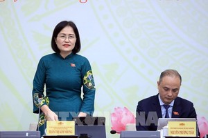 Bà Trần Thị Kim Nhung, Ủy viên hoạt động chuyên trách tại Ủy ban Pháp luật và Tư pháp của Quốc hội trả lời tại họp báo - Ảnh: TTXVN