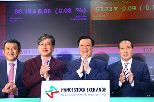 Bộ trưởng Bộ Tài chính Đinh Tiến Dũng nhấn nút khai trương giao dịch cổ phiếu HVN và VGT - Ảnh: Dũng Minh