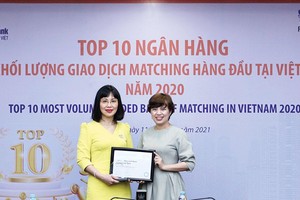 Bà Nguyễn Ánh Vân (bên trái) - Phó tổng giám đốc LienVietPostBank nhận giải thưởng từ đại diện Refinitiv